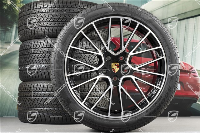 21" Cayenne RS Spyder Winterräder Satz, Felgen 9,5J x 21 ET46 + 11,0J x 21 ET58 + NEUE Pirelli Winterreifen 275/40 R21 + 305/35 R21, mit RDK-Sensoren, schwarz hochglanz