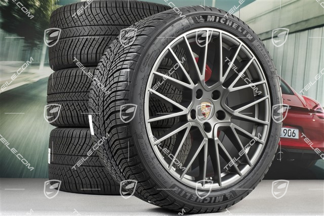 21" koła zimowe Cayenne RS Spyder, komplet, felgi 9,5J x 21 ET46 + 11,0J x 21 ET58 + opony zimowe Michelin 275/40 R21 + 305/35 R21, z czujnikami ciśnienia, Platinum satynowy półmat