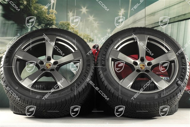 20" "Macan Sport" koła zimowe, komplet, felgi 9J x 20 ET26 + 10J x 20 ET19 + NOWE opony zimowe Michelin 265/45 R 20 + 295/40 R 20, platinum satynowy półmat, z czujnikami ciśnienia RDK