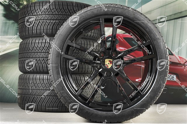 21" koła zimowe Cayenne Turbo, komplet, felgi 9,5J x 21 ET46 + 11,0J x 21 ET58 + NOWE opony zimowe Michelin 275/40 R21 + 305/35 R21, z czujnikami ciśnienia, czarny wysoki połysk