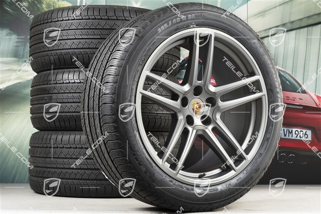 20" "Macan Turbo" Ganzjahresräder Satz, Felgen 9J x 20 ET26 + 10J x 20 ET19 + NEUE All-Season-Reifen 265/45 R 20 + 295/40 R 20, BORBET, Platinum Seidenmatt, mit RDK-Sensoren