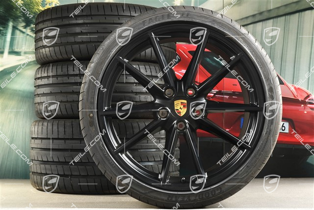 20+21-inch summer wheel set Carrera S, rims 8,5J x 20 ET53 + 11,5J x 21 ET67 + Goodyear summer tyres 245/35 R20 + 305/30 R21, with TPM, black satin matt