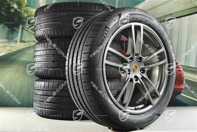 21" Cayenne Turbo Sommerräder Satz, Felgen 9,5J x 21 ET46 + 11,0J x 21 ET49 + Pirelli P Zero Sommerreifen 285/40 R21 + 315/35 R21, Platinum Seidenmatt