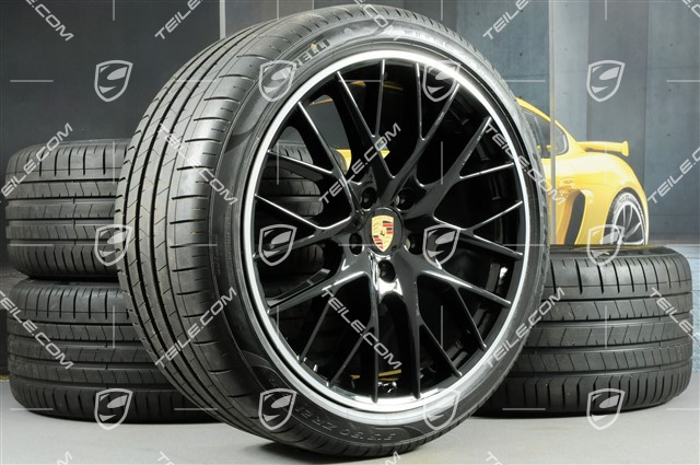 21-inch Panamera SportDesign summer wheel set, rims 9,5J x 21 ET71 + 11,5J x 21 ET69 + NEW Pirelli summer tires 275/35 ZR21 + 315/30 ZR21, with TPM, in black high gloss