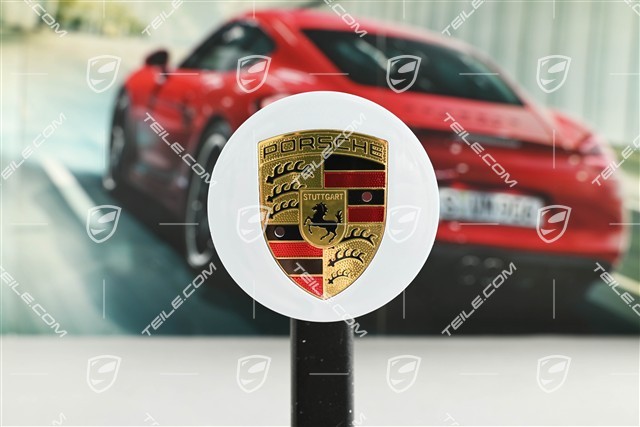 Radkappe, rund, gewölbt, mit farbigem Porsche-Wappen, Weiß-Metallic