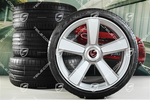 20-inch + 21-inch Sport Classic "911 Turbo 50 Years" summer wheel set, rims 9,5J x 20 ET44 + 12J x 21 ET70 + Pirelli summer tyres 255/35 R20 + 315/30 R21, white high gloss