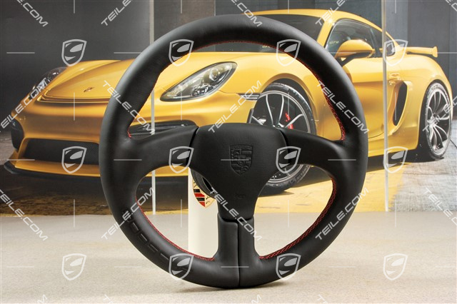 Sportlenkrad, Carrera 2/4 / Turbo / RS / Speedster, Durchmesser ca. 36cm, Leder, Schwarz / Ziernaht Indischrot, mit Porsche Schriftzug (geprägt)