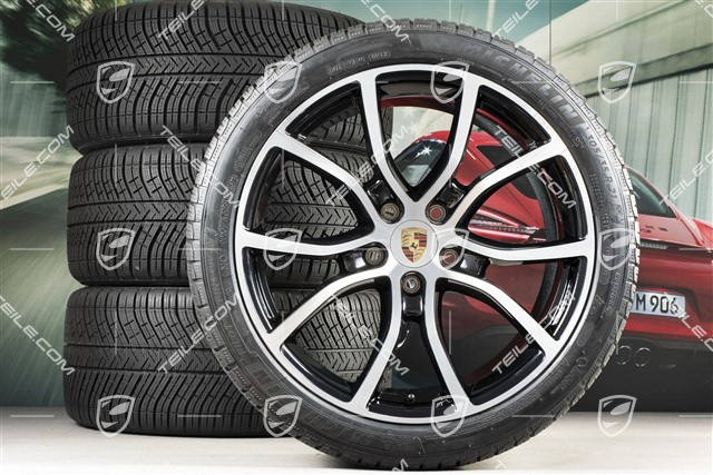 21" Cayenne COUPE Exclusive Design Winterräder Satz, Felgen 9,5J x 21 ET46 + 11,0J x 21 ET49 + NEUE Michelin Pilot Alpin 5 Winterreifen 275/40 R21 + 305/35 R21, mit RDK-Sensoren, schwarz hochglanz + Glanzdrehbereichen