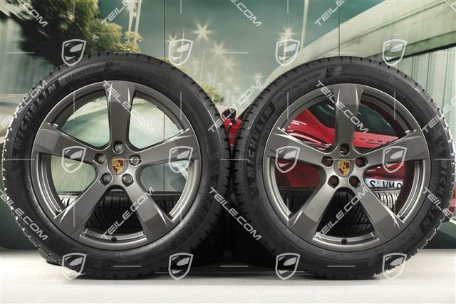 20" "Macan Sport" koła zimowe, komplet, felgi 9J x 20 ET26 + 10J x 20 ET19 + NOWE opony zimowe Michelin 265/45 R 20 + 295/40 R 20, platinum satynowy półmat, z czujnikami ciśnienia RDK
