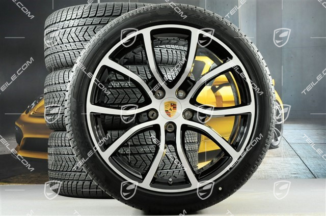 21" Cayenne Exclusive Design Winterräder Satz, Felgen 9,5J x 21 ET46 + 11,0J x 21 ET58 + NEUE Pirelli Winterreifen 275/40 R21 + 305/35 R21, mit RDK-Sensoren, schwarz hochglanz + Glanzdrehbereichen