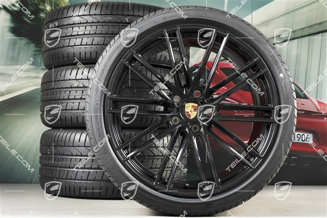 22-inch summer wheel set 911 Turbo IV Design, rims 10J x 22 ET48 + 11,5J x 22 ET61 + Pirelli summer tyres 285/35 ZR22 + 315/30 ZR22,  black high gloss, with TPM