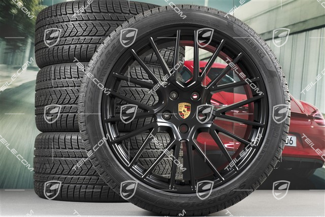 21" Cayenne RS Spyder Winterräder Satz, Felgen 9,5J x 21 ET46 + 11,0J x 21 ET58 + NEUE Pirelli Winterreifen 275/40 R21 + 305/35 R21, mit RDK-Sensoren, schwarz seidenmatt