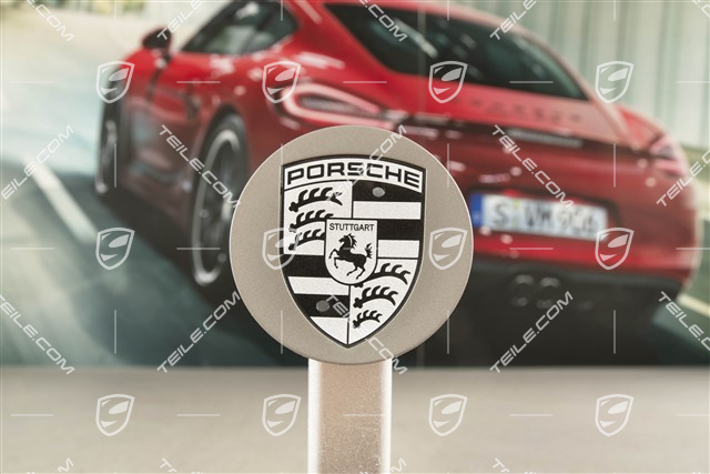 Dekielek koła, wklęsły,  z czarnym herbem Porsche, Platinum satynowy półmat