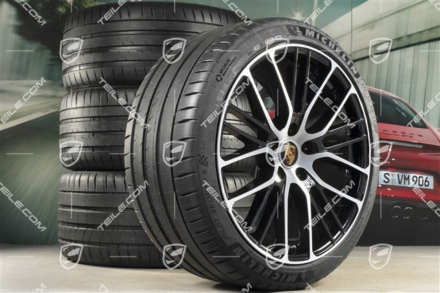 21" Panamera Exclusive Design Sport Sommerräder Satz, Felgen 9,5J x 21 ET71 + 11,5J x 21 ET69 + NEUE Michelin Sommerreifen 275/35 R21 + 325/30 R21, mit RDK-Sensoren, in Schwarz Hochglanz