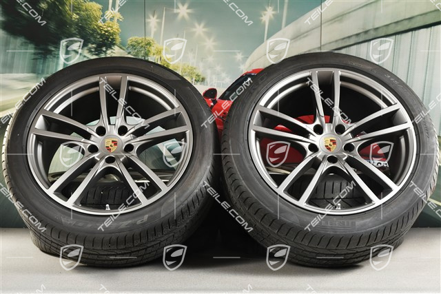 21" koła letnie Cayenne Turbo, komplet, felgi 9,5J x 21 ET46 + 11,0J x 21 ET49 + opony letnie Pirelli P Zero 285/40 R21 + 315/35 R21, Platinum satynowy półmat