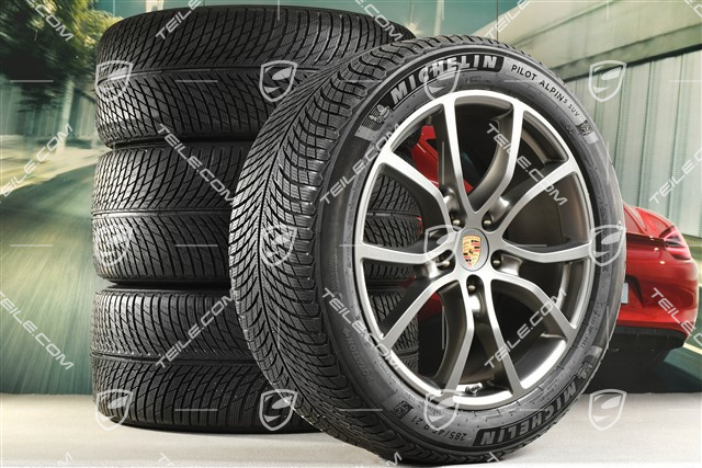 21" Cayenne COUPE Exclusive Design Winterräder Satz, Felgen 9,5J x 21 ET46 + 11,0J x 21 ET49 + Michelin Pilot Alpin 5 SUV Winterreifen 285/45 R21 + 305/40 R21, mit RDK-Sensoren, Platinum-Seidenmatt