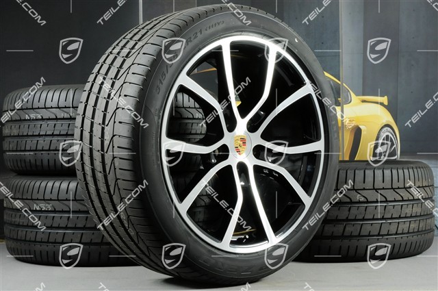 21" koła letnie Cayenne COUPE Exclusive Design, komplet, felgi 9,5J x 21 ET46 + 11,0J x 21 ET49 + opony letnie Pirelli 285/40 R21 + 315/35 R21, czarny wysoki połysk, z czujnikami ciśnienia