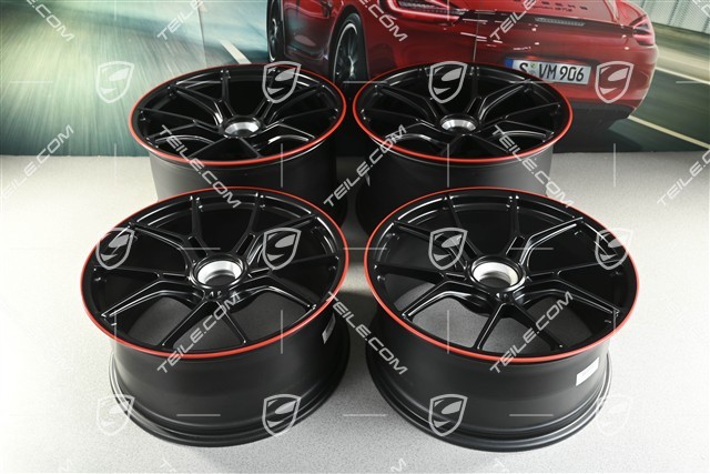 20+21 -inch GT3 wheel rim set, 9,5J x 20 ET46 + 12J x 21 ET45, black satin mat + red rim border