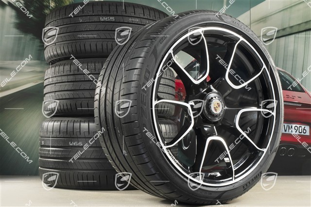 20"+21" koła letnie, komplet Turbo S Exclusive Design, felgi 9,5J x 20 ET44 + 12J x 21 ET70 + NOWE opony letnie Pirelli 255/35 R20 + 315/30 R21, czarny wysoki połysk