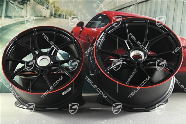 20+21 -inch GT3 wheel rim set, 9,5J x 20 ET46 + 12J x 21 ET45, black satin mat + red rim border