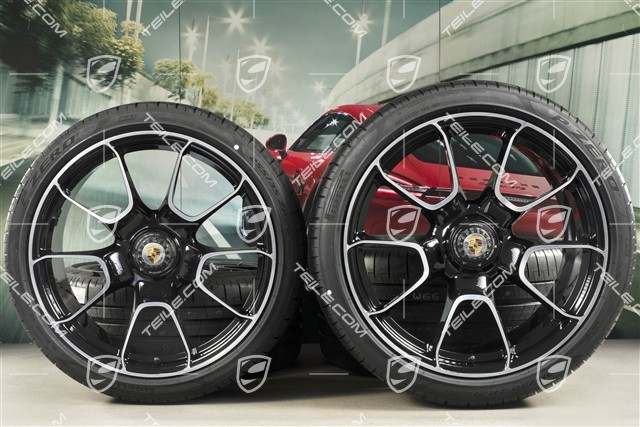 20"+21" koła letnie, komplet Turbo S Exclusive Design, felgi 9,5J x 20 ET44 + 12J x 21 ET70 + NOWE opony letnie Pirelli 255/35 R20 + 315/30 R21, czarny wysoki połysk