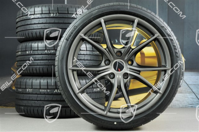 20" Carrera S summer wheels set, rims 8J x 20 ET57 + 10J x 20 ET45, Pirelli summer tires 235/35 ZR20 + 265/35 ZR20, Platinum satin matt, with TPMS