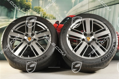 20-inch Panamera Design 2 summer wheel set, rims 9,5J x 20 ET71 + 11,5J x 20 ET68 + Michelin summer tires 275/40 ZR20 + 315/35 ZR20, with TPM, Platinum satin matt