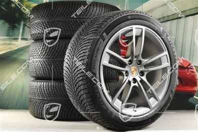 21" koła zimowe Cayenne Turbo II Design, komplet, felgi 9,5J x 21 ET46 + 11,0J x 21 ET49 + NOWE opony zimowe Michelin 275/40 R21 + 305/35 R21, z czujnikami ciśnienia, Vesuvgrau