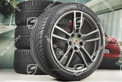 21" koła zimowe Cayenne Turbo, komplet, felgi 9,5J x 21 ET46 + 11,0J x 21 ET58 + NOWE opony zimowe Michelin 275/40 R21 + 305/35 R21, z czujnikami ciśnienia, Platinum półmat satyna