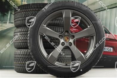 20" "Macan Sport" koła zimowe, komplet, felgi 9J x 20 ET26 + 10J x 20 ET19 + NOWE opony zimowe Pirelli 265/45 R 20 + 295/40 R 20, platinum satynowy półmat, z czujnikami ciśnienia RDK