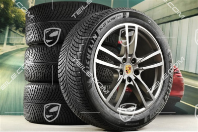 21" koła zimowe Cayenne Turbo Design, komplet, felgi 9,5J x 21 ET46 + 11,0J x 21 ET49 + opony zimowe Michelin 285/45 R21 + 305/40 R21, z czujnikami ciśnienia, platinum satynowy półmat