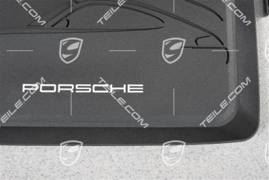 Gumowe dywaniki, komplet 2-częściowy, z sylwetką Porsche i napisem "Porsche", czarny
