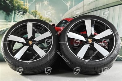 22" "Macan Sport" Sommerräder Satz, Felgen 9J x 22 ET29 + 11J x 22 ET47 + NEUE Goodyear Sommerreifen 255/40 R22 + 295/35 R22, in Schwarz Hochglanz