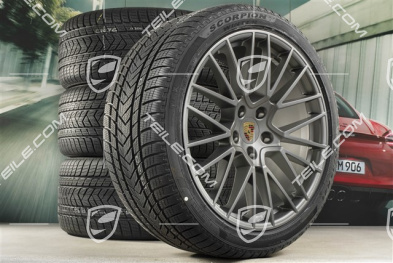 21" Cayenne COUPÉ RS Spyder Winterräder Satz, Felgen 9,5J x 21 ET46 + 11,0J x 21 ET49 + Pirelli Winterreifen 275/40 R21 + 305/35 R21, mit RDK-Sensoren, Platinum Seidenmatt