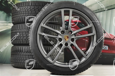 21" koła zimowe Cayenne Turbo, komplet, felgi 9,5J x 21 ET46 + 11,0J x 21 ET58 + NOWE opony zimowe Continental 275/40 R21 + 305/35 R21, z czujnikami ciśnienia, Platinum półmat satyna