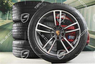 21" koła letnie Cayenne Turbo, komplet, felgi 9,5J x 21 ET46 + 11,0J x 21 ET58 + NOWE opony letnie Pirelli P Zero 285/40 R21 + 315/35 R21, z czujnikami ciśnienia, polerowane / ciemny tytan