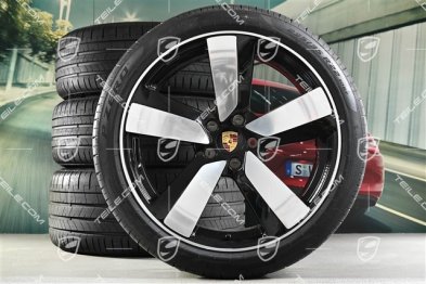 22" "Macan Sport" Sommerräder Satz, Felgen 9J x 22 ET29 + 11J x 22 ET47 + NEUE Goodyear Sommerreifen 255/40 R22 + 295/35 R22, in Schwarz Hochglanz