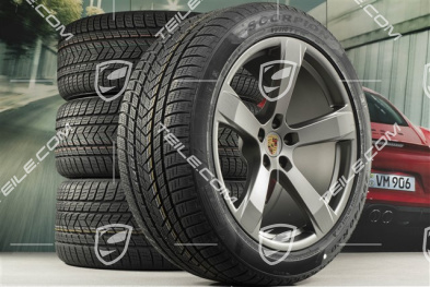 20" "Macan Sport" koła zimowe, komplet, felgi 9J x 20 ET26 + 10J x 20 ET19 + NOWE opony zimowe Pirelli 265/45 R 20 + 295/40 R 20, platinum satynowy półmat, z czujnikami ciśnienia RDK