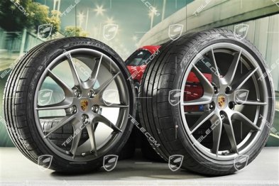 20-inch Carrera S summer wheel set, Platinum (silk gloss), 8J x 20 ET57 + 9,5J x 20 ET45 + NEW Pirelli summer tyres 235/35 ZR20 + 265/35 ZR20, with TPM