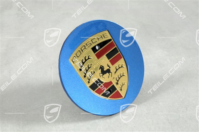 Hub cap, round, concave, Porsche crest coloured, Sapphire Blue Metallic