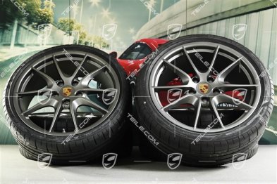 20-inch Carrera S summer wheel set, Platinum (silk gloss), 8J x 20 ET57 + 9,5J x 20 ET45 + NEW Pirelli summer tyres 235/35 ZR20 + 265/35 ZR20, with TPM