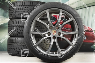 21" koła zimowe Cayenne Exclusive Design, komplet, felgi 9,5J x 21 ET46 + 11,0J x 21 ET58 + opony zimowe Continental 275/40 R21 + 305/35 R21, z czujnikami ciśnienia, Platinum, półmat satyna