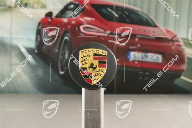 Zierdeckel für Zentralverschluss, Turbo, farbiges Porsche Wappen, schwarz seidenmatt