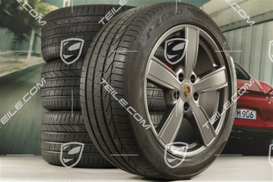 20-inch Cayenne Sport Classic summer wheel set, rims 9J x 20 ET50 + 10,5J x 20 ET64 + Pirelli summer tyres 275/45 R20 (110)Y XL + 305/40 R20 (112)Y XL, with TPMS, Platinum Satin-Matt
