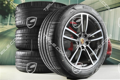 21" koła letnie Cayenne Turbo, komplet, felgi 9,5J x 21 ET46 + 11,0J x 21 ET58 + NOWE opony letnie Pirelli P Zero 285/40 R21 + 315/35 R21, z czujnikami ciśnienia, polerowane / ciemny tytan