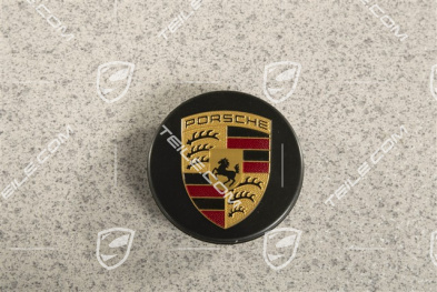 Zierdeckel für Zentralverschluss, Turbo, farbiges Porsche Wappen, schwarz seidenmatt