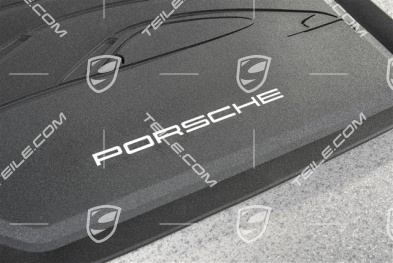 Gumowe dywaniki, komplet 2-częściowy, z sylwetką Porsche i napisem "Porsche", czarny
