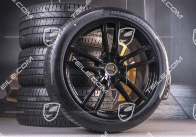 21" Cayenne Turbo Design Sommerräder Satz, Felgen 9,5J x 21 ET46 + 11,0J x 21 ET58 + Pirelli P Zero Sommerreifen 285/40 R21 + 315/35 R21, mit RDK-Sensoren, in Schwarz Hochglanz
