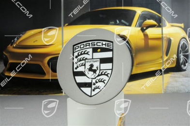 Hub cap, concave, crest black-white, platinum satin-matt