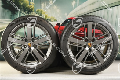 20-inch Panamera Design 2 summer wheel set, rims 9,5J x 20 ET71 + 11,5J x 20 ET68 + Michelin summer tires 275/40 ZR20 + 315/35 ZR20, with TPM, Platinum satin matt